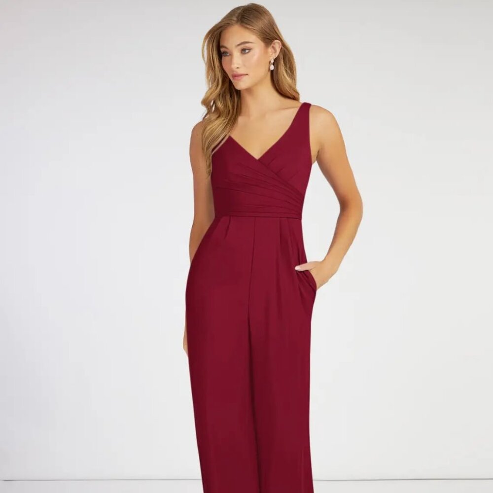 Azazie Ida Burgundy Pleated Stretch Chiffon Jumpsuit Custom Size - Brand New 16